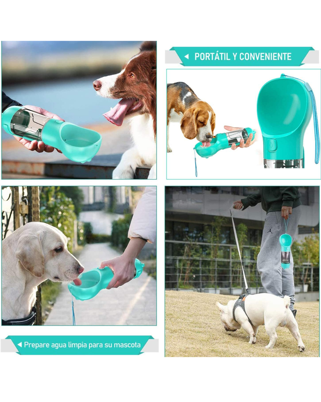 BOTELLA DE AGUA Y COMIDA PORTATIL PARA MASCOTAS - 4 en 1 multifuncional