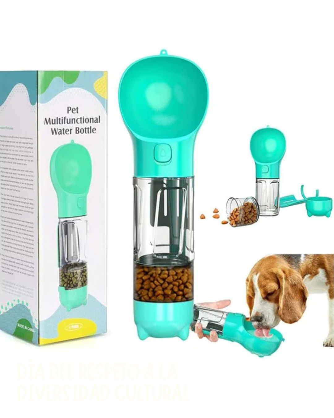 BOTELLA DE AGUA Y COMIDA PORTATIL PARA MASCOTAS - 4 en 1 multifuncional